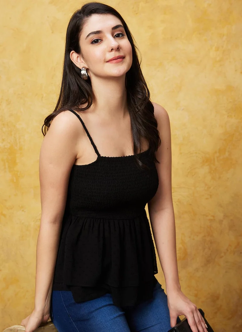 جلو باص Globus Women Black Self Design Shoulder Straps Smocking Peplum Top